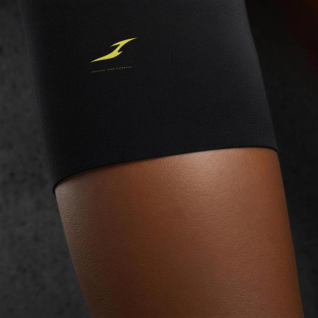 Woman wearing HIVOLT High-Waisted Blend Biker Shorts, detail closeup