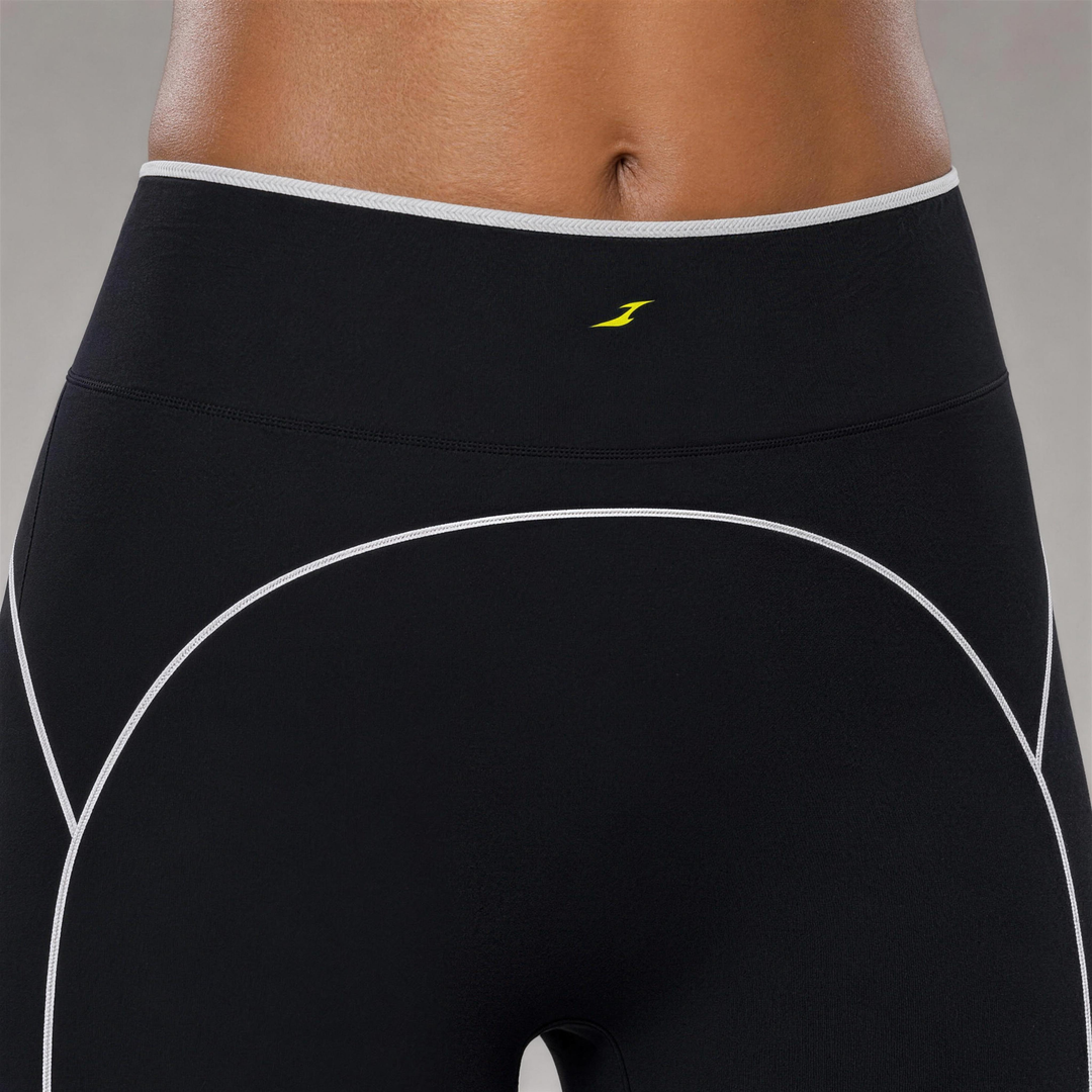 Woman wearing HIVOLT High Rise Topstitching Leggings, detail closeup