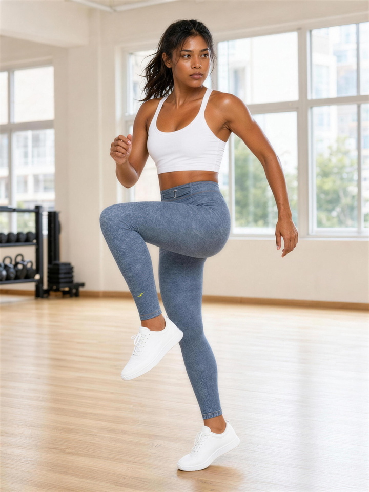 Woman wearing HIVOLT Faux Denim Zip-Fly Leggings, in action