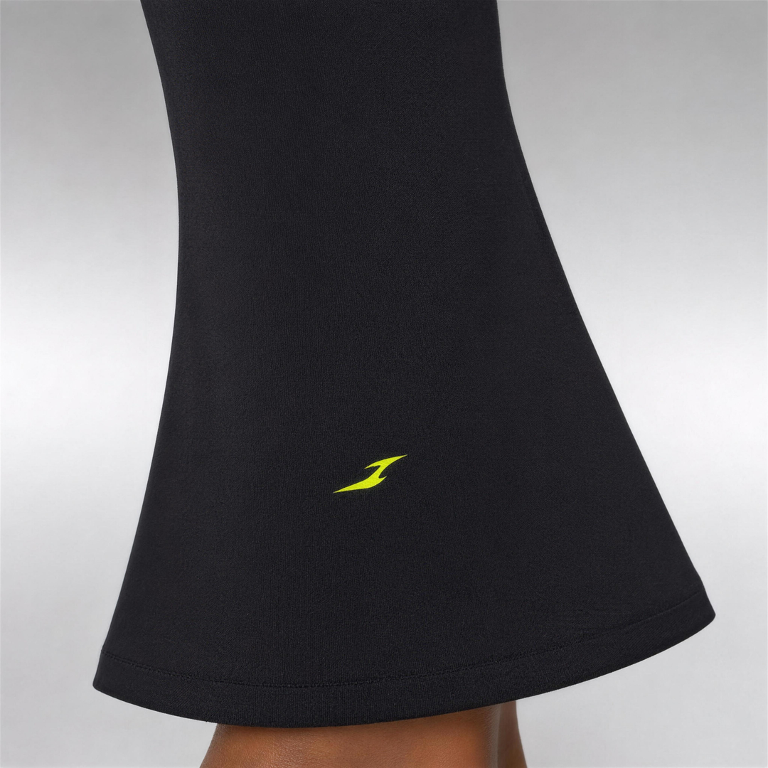 Woman wearing HIVOLT High-Waisted Flare Leggings, detail closeup