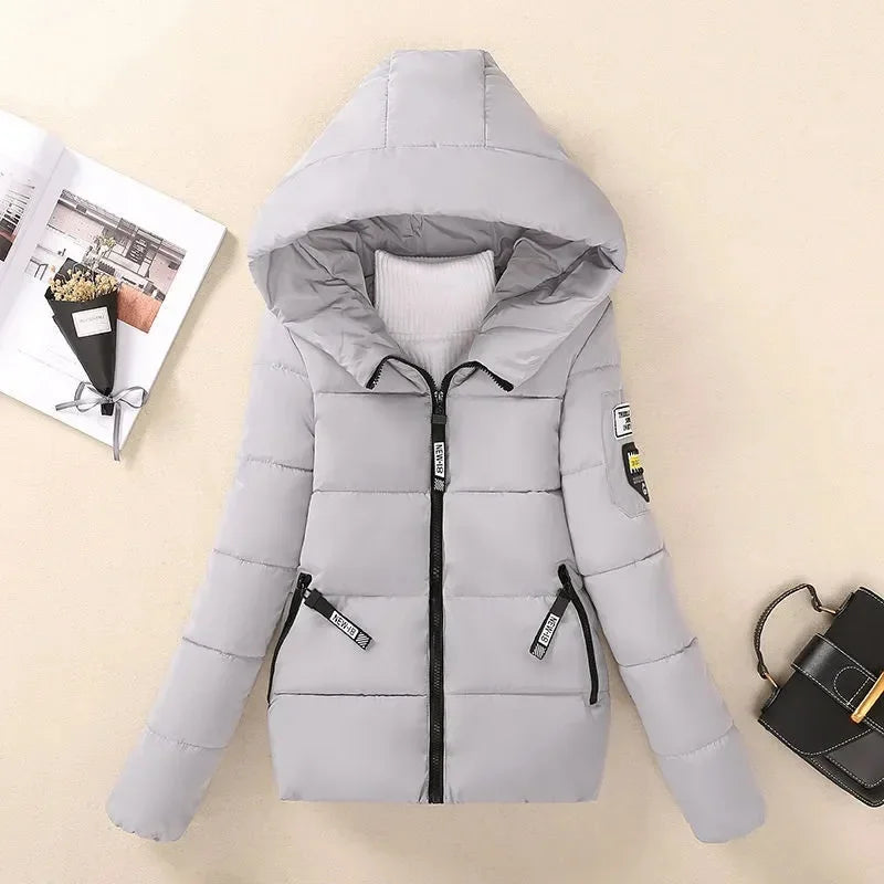 Women's Hooded Cotton-Padded Short Winter Jacket — Grey