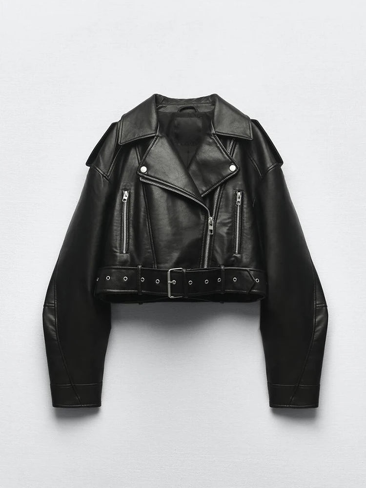 Women's Faux-Leather Belted Biker Jacket in Black