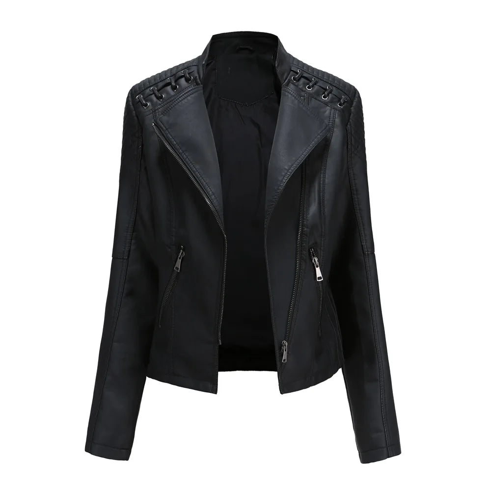 Women's Slim Stand-Collar Faux-Leather Moto Jacket — hero