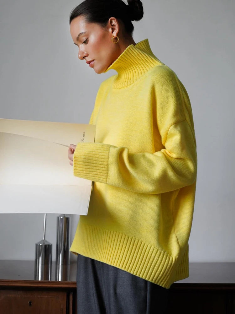 Women's Oversized Turtleneck Knit Sweater — Yellow