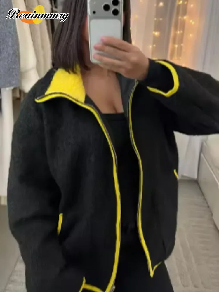 Women's Color-Block Cropped Zip Cardigan with Pockets — hero