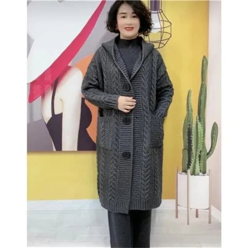 Women's Jacquard Twist Long Hooded Knit Cardigan — Black Grey