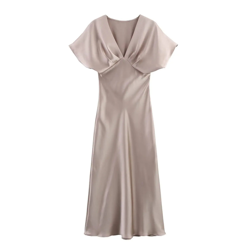 Women's V-Neck Short-Sleeve Satin Midi Dress — Champagne