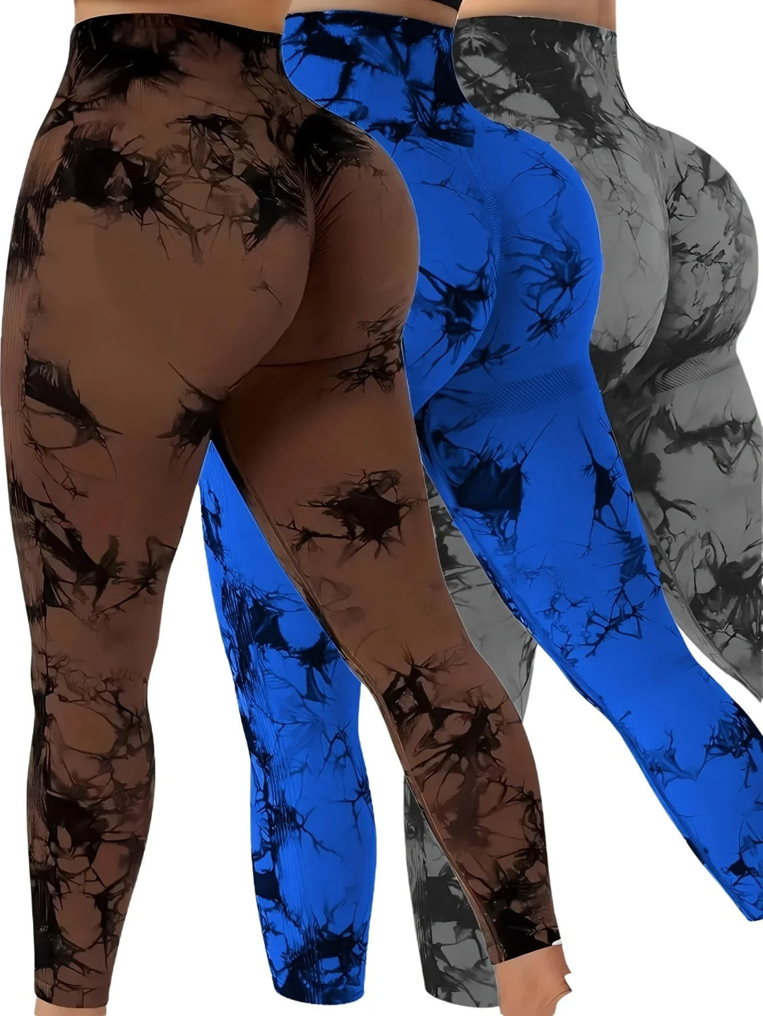 Seamless scrunch-butt high-waisted leggings — brown, blue and gray colorways